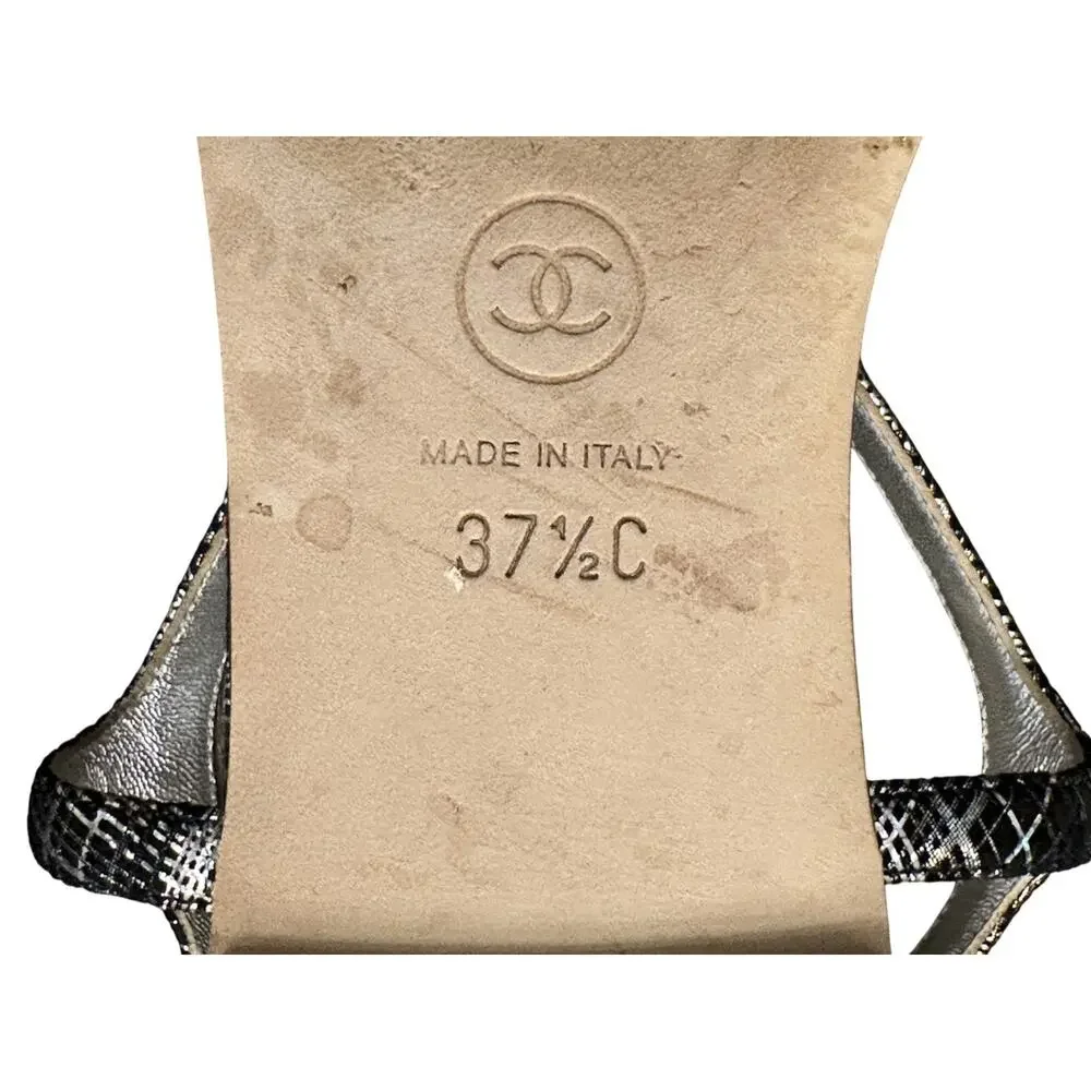 CHANEL Black Metallic Tweed Crystal CC Ankle T Strap Thong Flat Sandals 37.5